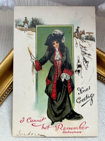 画像2: Postcard アンティークポストカード クリスマス 女性と猟をする男性 猟犬 (2)