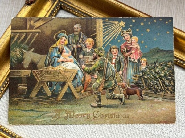 画像2: Postcard アンティークポストカード クリスマス 聖母子を祝福する人たち ダックスフンド犬 (2)