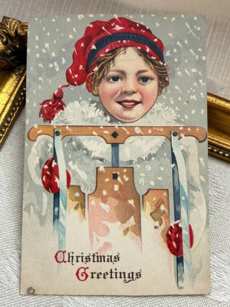 画像2: Postcard アンティークポストカード クリスマス ソリを持つ男の子 (2)