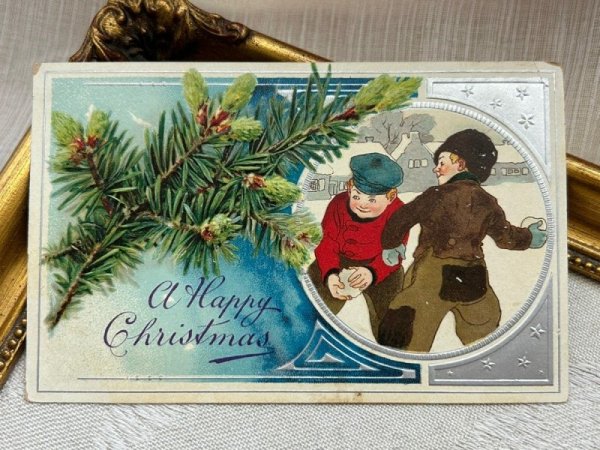 画像2: Postcard　アンティークポストカード　クリスマス　雪合戦をする男の子　 (2)