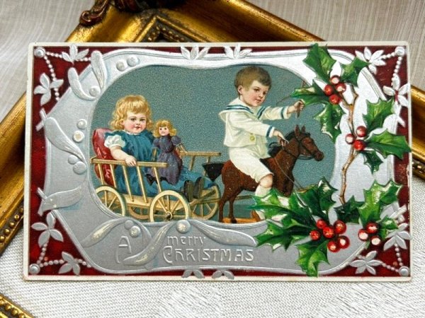 画像2: Postcard　アンティークポストカード　クリスマス　木馬の馬車で遊ぶ子どもたち　お人形　セーラー服 (2)