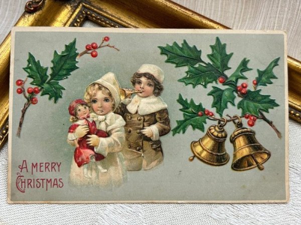 画像2: Postcard アンティークポストカード クリスマス 子どもたち お人形 ラッパ  ベル ホーリー (2)