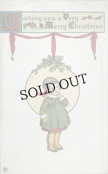 画像1: Postcard　アンティークポストカード　クリスマス　ヤドリギの下の女の子 (1)