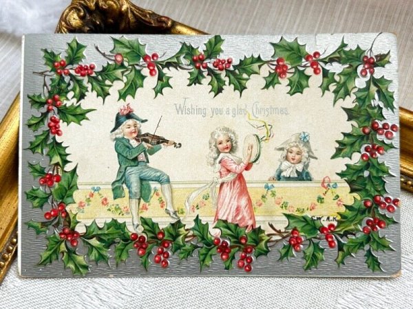 画像2: Postcard アンティークポストカード クリスマス 演奏をする子どもたち バイオリン タンバリン (2)