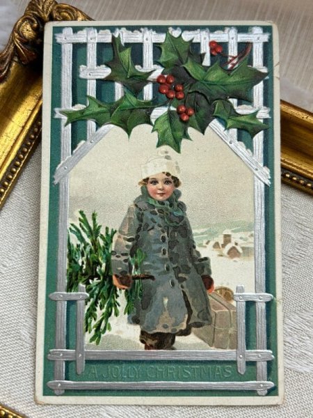 画像2: Postcard アンティークポストカード クリスマス ツリーとプレゼントを持つ子ども  (2)