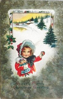 *アンティークポストカード　クリスマスのお人形と可愛い少女 Snowdrop Postcards アンティークポストカード専門店