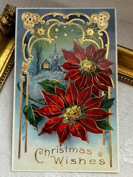 画像2: Postcard　アンティークポストカード　クリスマス　ポインセチア　教会 (2)