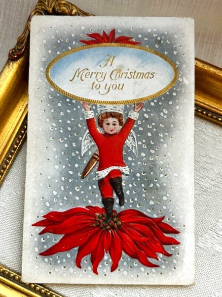 画像2: Postcard　アンティークポストカード　クリスマス　ポインセチアと天使 (2)