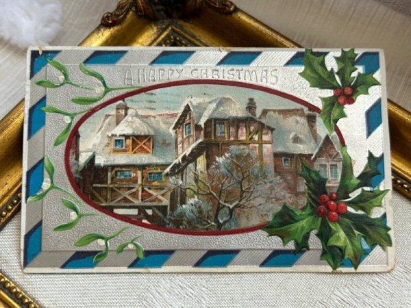 画像2: Postcard アンティークポストカード クリスマス ヤドリギとホーリー 冬景色 (2)