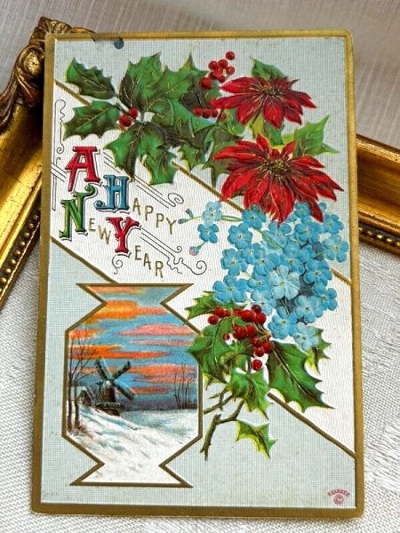 画像2: Postcard アンティークポストカード 新年祝い ポインセチア 風車小屋 忘れな草のお花 (2)