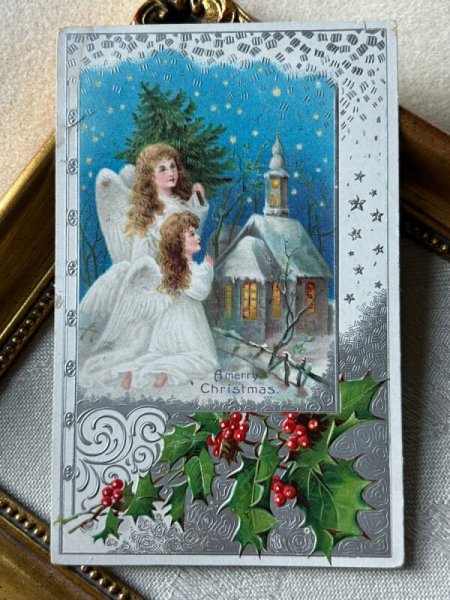 画像2: Postcard　アンティークポストカード  クリスマス　祈る天使たち　教会　ホーリー (2)