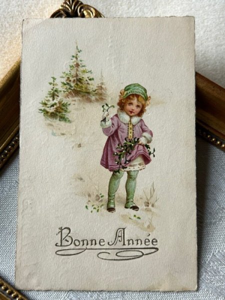 画像2: Postcard　アンティークポストカード　クリスマス　新年　フランス　ヤドリギと女の子　宿り木 (2)