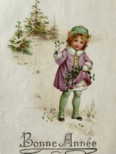 画像3: Postcard　アンティークポストカード　クリスマス　新年　フランス　ヤドリギと女の子　宿り木 (3)