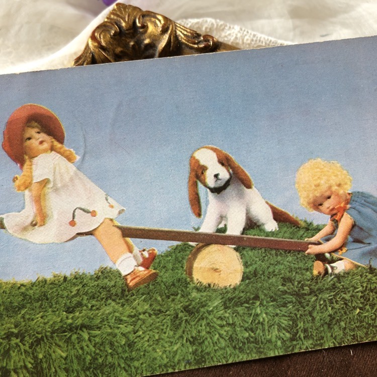 ヨーロピアンアンティーク　シーソーに乗る少女たち　ポストカード