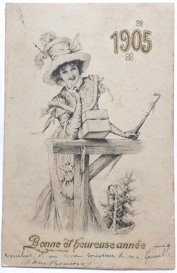 Postcard　アンティークポストカード　新年祝い　New Year　女性　フランス1904年