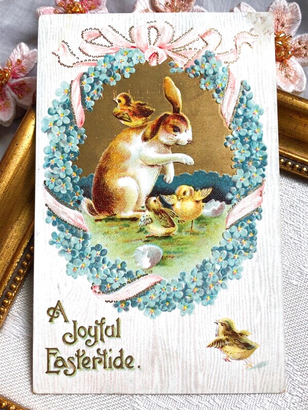 Postcard　アンティークポストカード　イースター　ウサギさんとヒヨコさん　忘れな草のお花　ピンク色のリボン　うさぎ