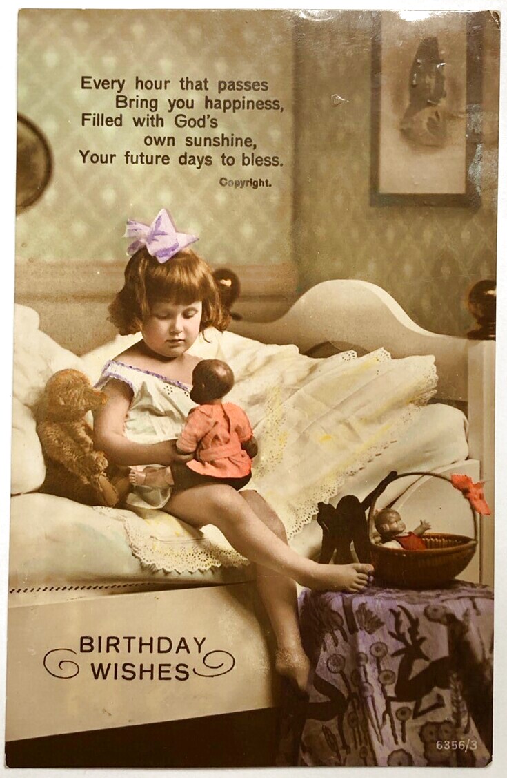 Postcard　アンティークポストカード　お人形とぬいぐるみと女の子　シュタイフ　テディベア　黒猫