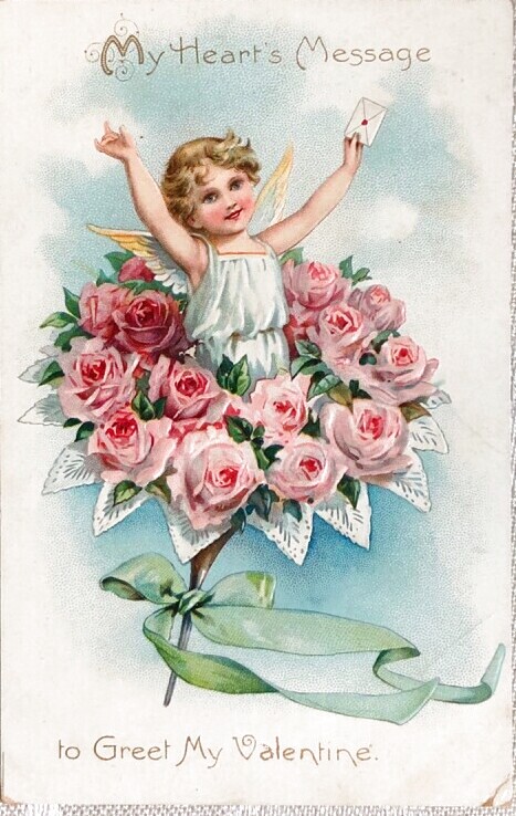 アンティークポストカード＊リボンと薔薇で飾った美しい少女＊絵葉書 |